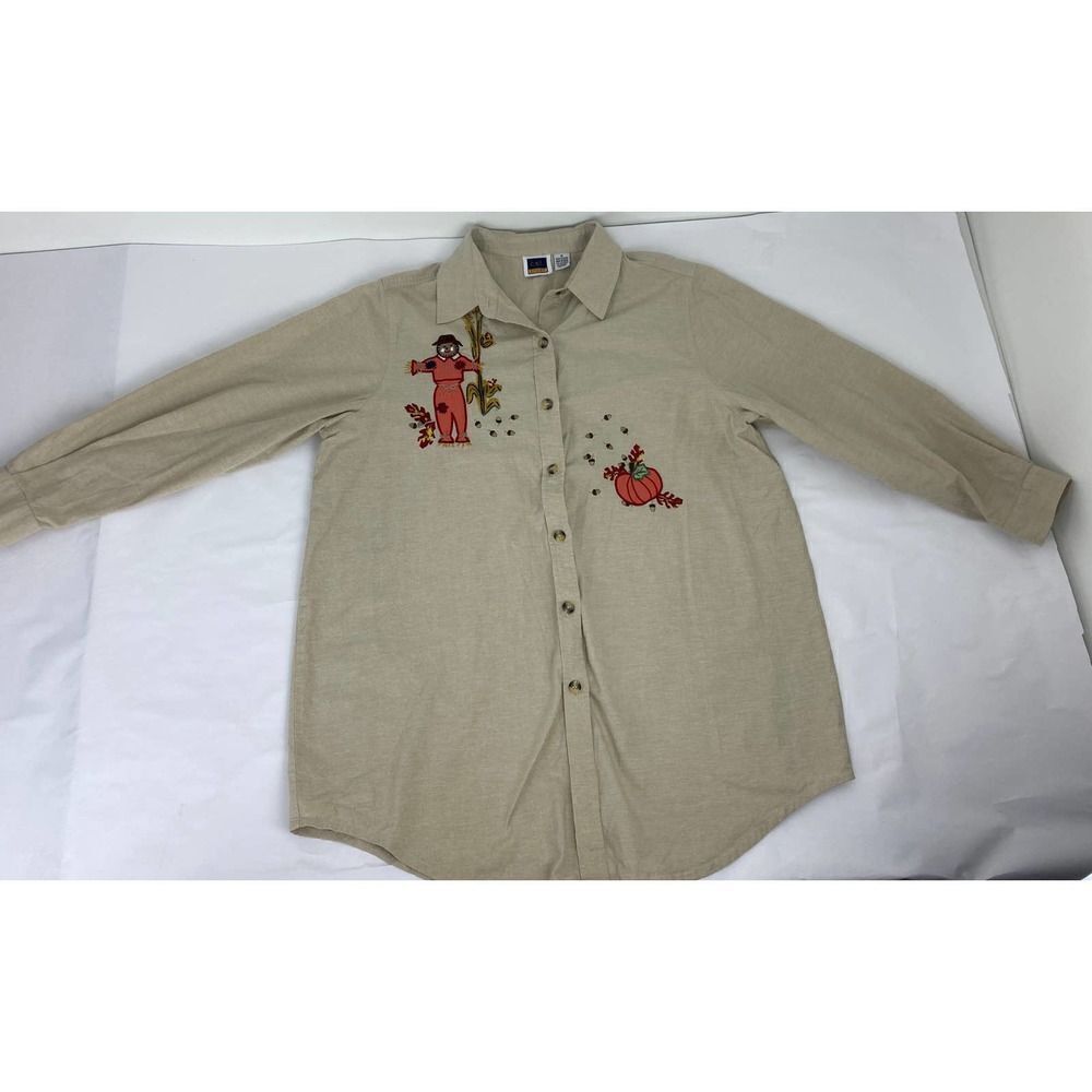 Vintage Embroidered Halloween Fall Pumpkin Scarecrow Cotton Shirt CST Sport - 1X